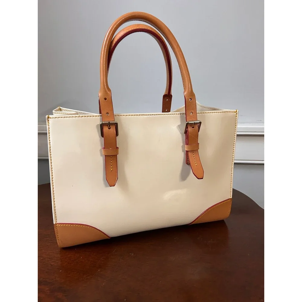 Dooney & Bourke Janine Ivory Cream Leather Satchel Tan Trim Red Lining Vintage
